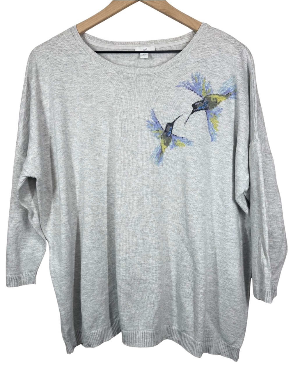 J. Jill XL Sweater 3/4 Sleeve Hummingbird Cotton Viscose Rayon Lightweight Gray